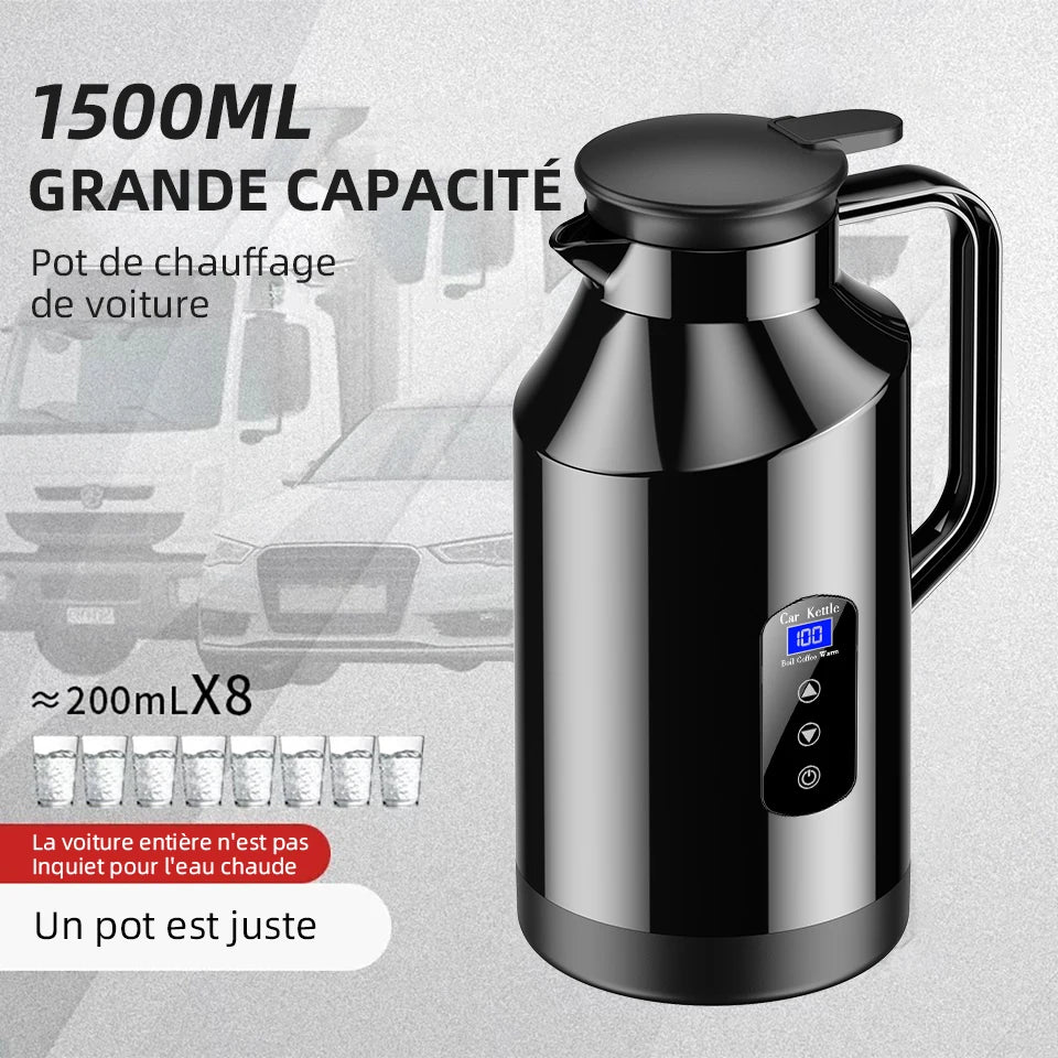 Bouilloire voiture 12V/24V 1,5L – Inox SUS304, chauffe 25–100°C, écran tactile
