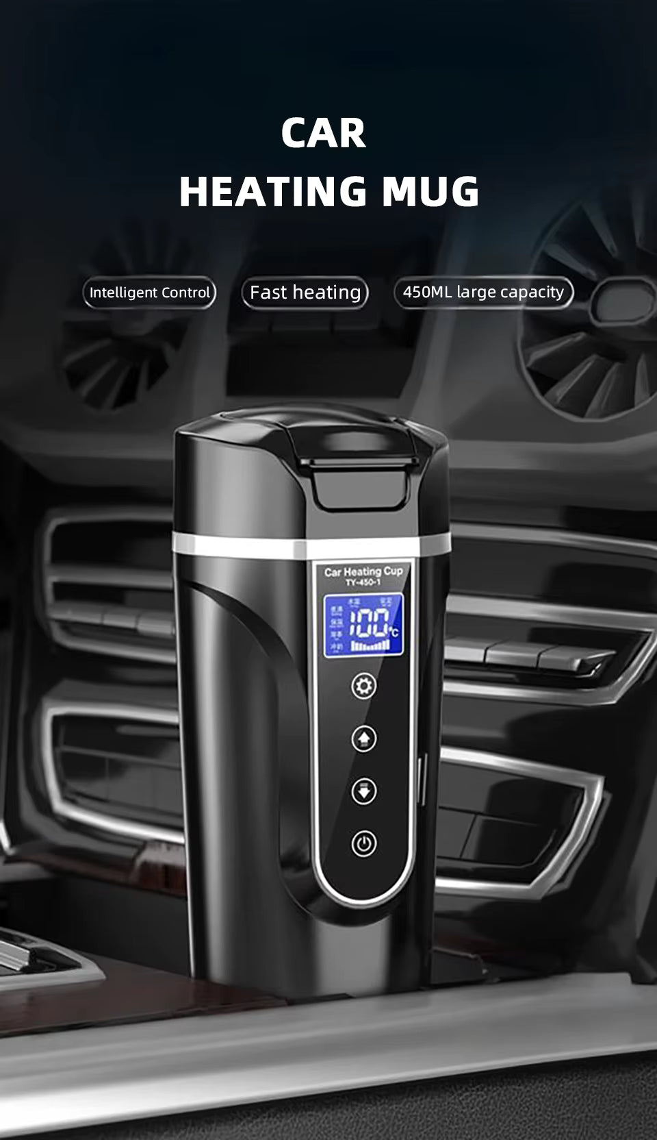 Bouilloire électrique Portable 12v/24v, tasse chauffante pour voiture intelligente, écran tactile, tasse thermique de 450ml, tasse chauffante pour voiture, température réglable