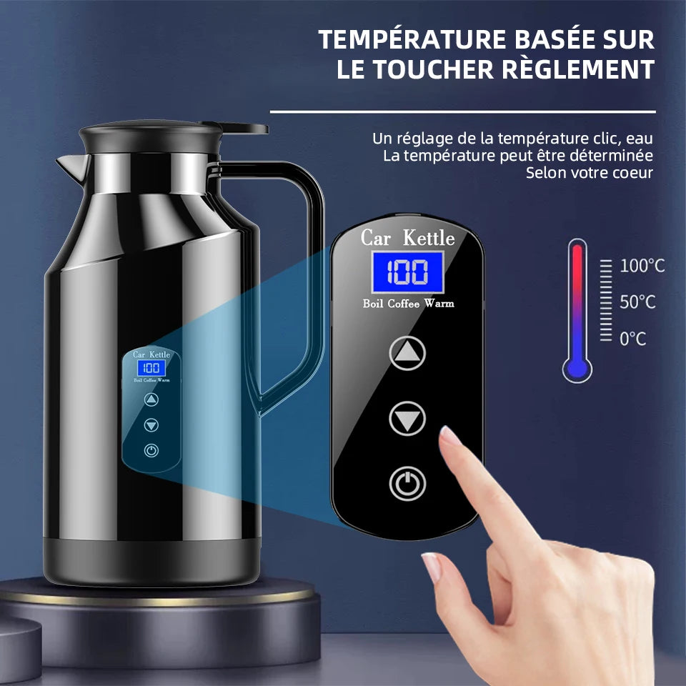 Bouilloire voiture 12V/24V 1,5L – Inox SUS304, chauffe 25–100°C, écran tactile