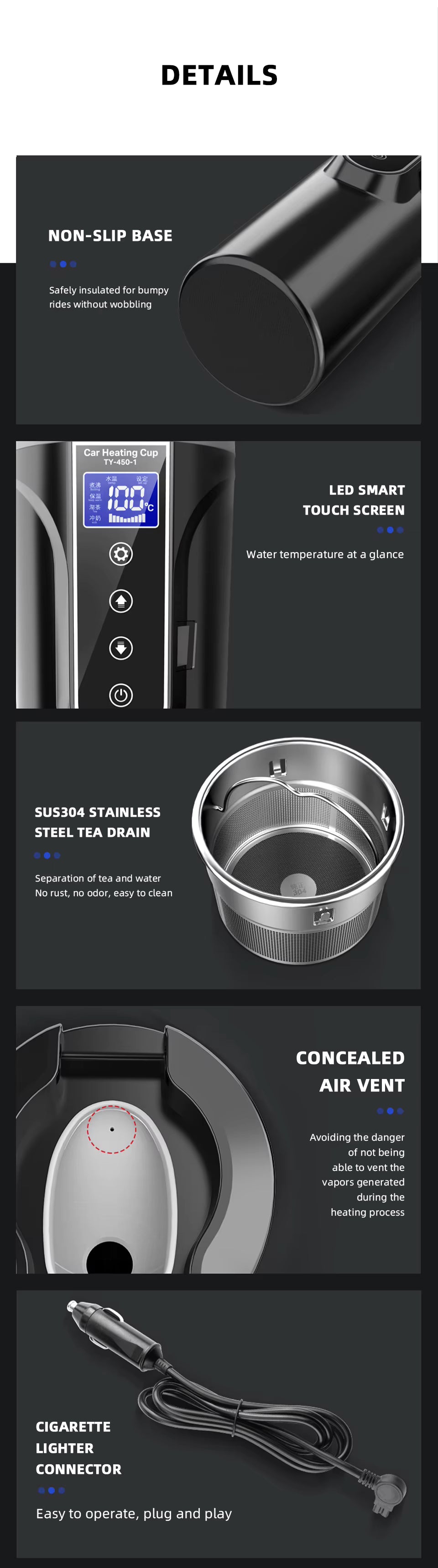 Bouilloire électrique Portable 12v/24v, tasse chauffante pour voiture intelligente, écran tactile, tasse thermique de 450ml, tasse chauffante pour voiture, température réglable