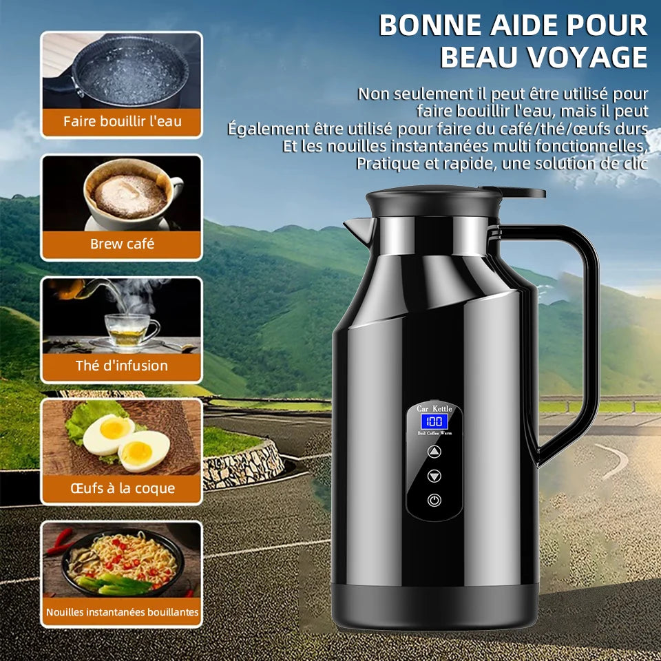Bouilloire voiture 12V/24V 1,5L – Inox SUS304, chauffe 25–100°C, écran tactile