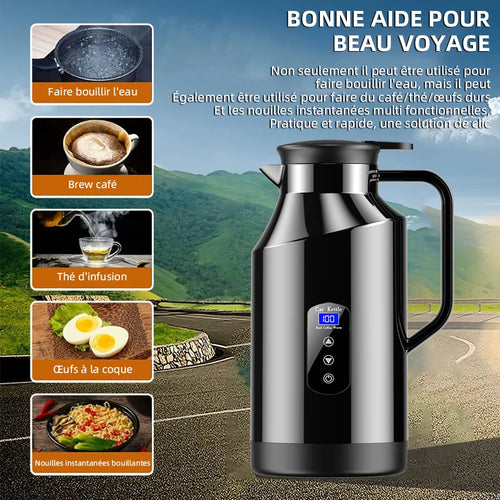 Bouilloire voiture 12V/24V 1,5L – Inox SUS304, chauffe 25–100°C, écran tactile