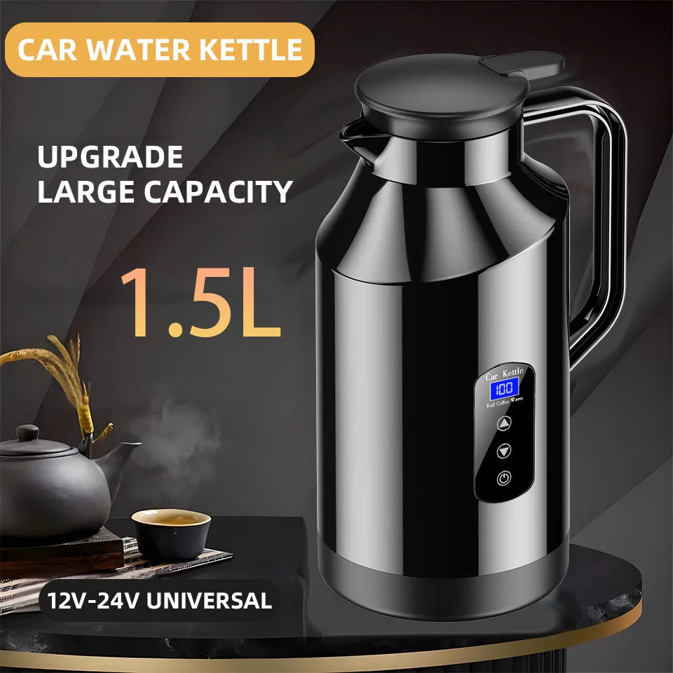 Bouilloire voiture 12V/24V 1,5L – Inox SUS304, chauffe 25–100°C, écran tactile