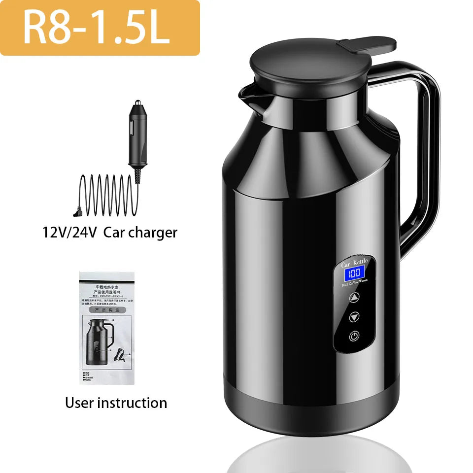Bouilloire voiture 12V/24V 1,5L – Inox SUS304, chauffe 25–100°C, écran tactile