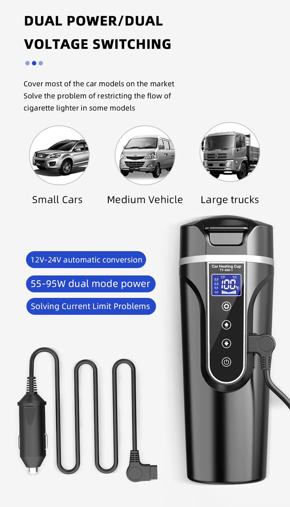 Bouilloire électrique Portable 12v/24v, tasse chauffante pour voiture intelligente, écran tactile, tasse thermique de 450ml, tasse chauffante pour voiture, température réglable